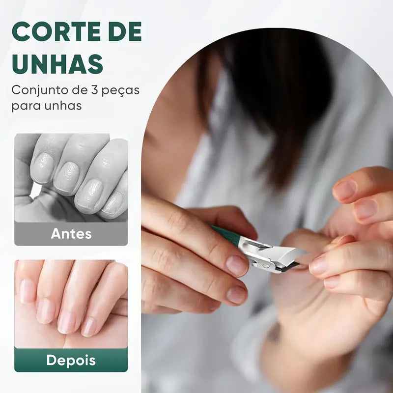 Conjunto 3pcs Cortador em Aço Inox Lamina curva para Unhas Gel, Grossas e Encravadas + Estojo Com Lixa e Levantador de Cutícula.
