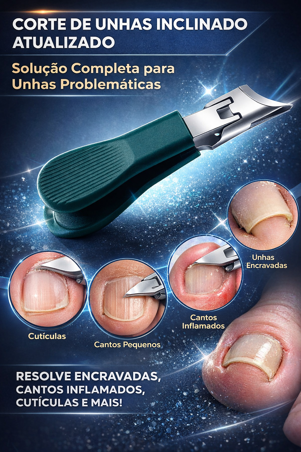 Conjunto 3pcs Cortador em Aço Inox Lamina curva para Unhas Gel, Grossas e Encravadas + Estojo Com Lixa e Levantador de Cutícula.