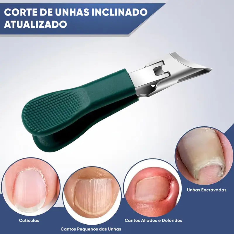 Conjunto 3pcs Cortador em Aço Inox Lamina curva para Unhas Gel, Grossas e Encravadas + Estojo Com Lixa e Levantador de Cutícula.