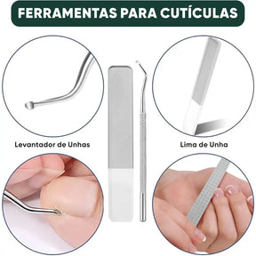 Conjunto 3pcs Cortador em Aço Inox Lamina curva para Unhas Gel, Grossas e Encravadas + Estojo Com Lixa e Levantador de Cutícula.